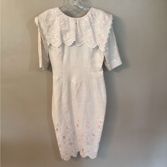 VINTAGE 80s JESSICA MCCLINTOCK WHITE PENCIL DRESS LACE EMBROIDERED BIB COLLAR - Picture 2 of 11